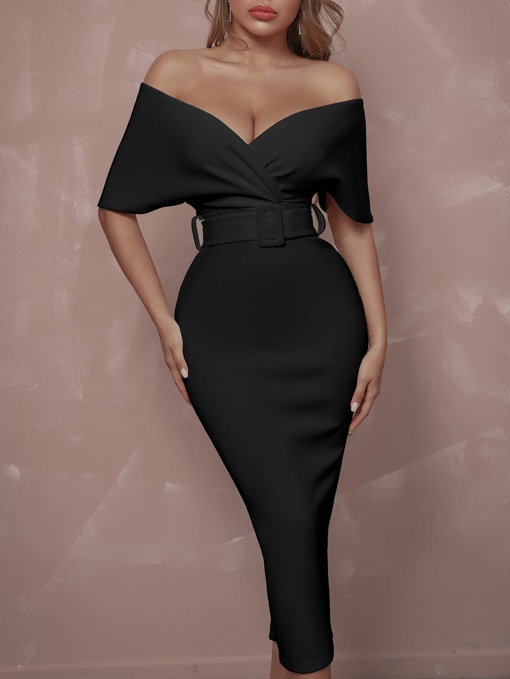 Off-Shoulder Black Belted Midi Dress